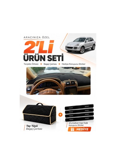 E-biz Porsche Cayenne 2002-2010 Uyumlu Torpido Örtüsü + Tay Tüyü Bagaj Çantası - Siyah-bej - Po001