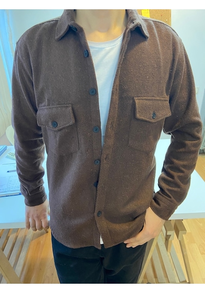 Koyu Kahverengi Erkek Slim Fit Düğmeli Yaka Çift Cepli Düz Oduncu Gömlek Kahverengi