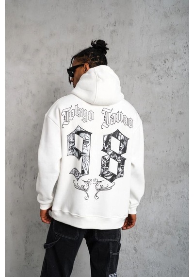 Mbb E-ticaret Erkek 98 Baskılı Kapşonlu 3 İplik Pamuklu Sweatshirt Hoodie - Beyaz