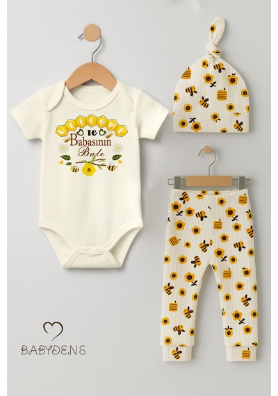 Babyden's 3 Lü Yenidoğan Takım Babasının Balı Baskılı Kısa Kol Body Arı,çiçek Desenli Pantolon Bere Ekru - Sarı