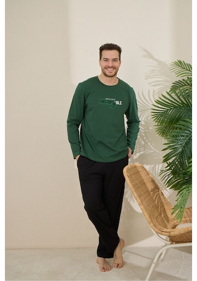 Formo Erkek %100 Pamuk Uzun Kollu Baskılı Kaliteli Pijama Takımı Yeşil