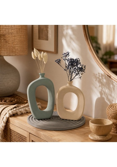 Momiko El Yapımı Modern Bohem Beton Vazo Seti Dekoratif Kemerli İkili Vazo & Yuvarlak Altlık Premium Seri Adaçayı-bej-vizon