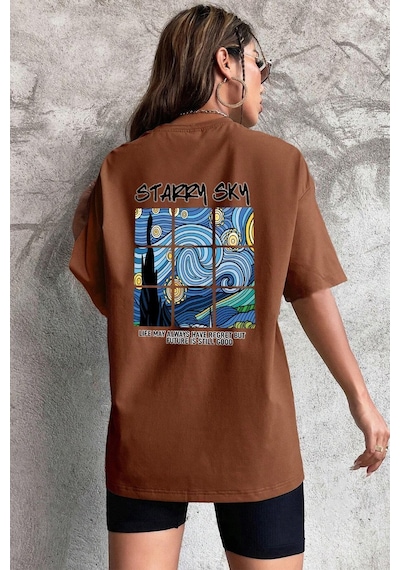 Uyguntarz Starry Sky Baskılı Unisex Oversize Tshirt Kahverengi