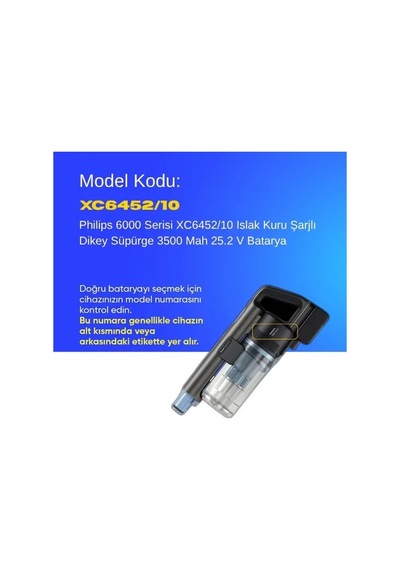 Philips 6000 Serisi Xc6452/10 Islak Kuru Şarjlı Dikey Süpürge 3500 Mah 25.2 V Batarya  Uyumlu Uzun Ömürlü, Maksimum Performans Pil