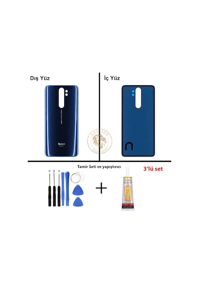 Xiaomi Redmi Note 8 Pro Koyu Mavi Arka Pil Kapağı Batarya Kapağı + Yapıştırıcı Ve Vida Seti Çok Renkli