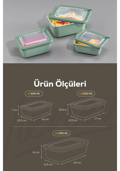 Vienev 3'lü Vip Dikdörtgen Mikrodalga Ve Difrize Uygun Saklama Kabı Seti Yeşil 1x 1750,1050,600 Ml Yeşil