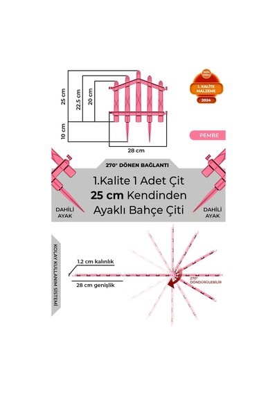 Dekoratif Plastik Bahçe Çiti Ve Peyzaj Çiti 1 Adet Çit Y: 25 Cm / G: 25 Cm Toprak Ayaklı - Pembe