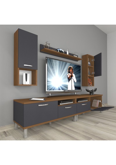 Decoraktiv Eko 5220da Mdf Krom Ayaklı Tv Ünitesi Tv Sehpası Ceviz - Antrasit