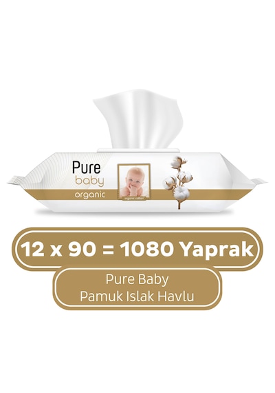 Pure Baby Organik Pamuklu Islak Havlu 12 x 90'lı 1080 Yaprak