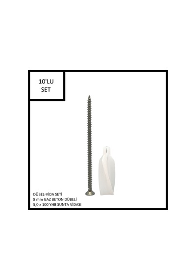 Dübel-vida Seti, Gaz Beton Ytong Dübeli 8 Mm, 5,0x100 Yhb Sunta Vidası, 10 Adet