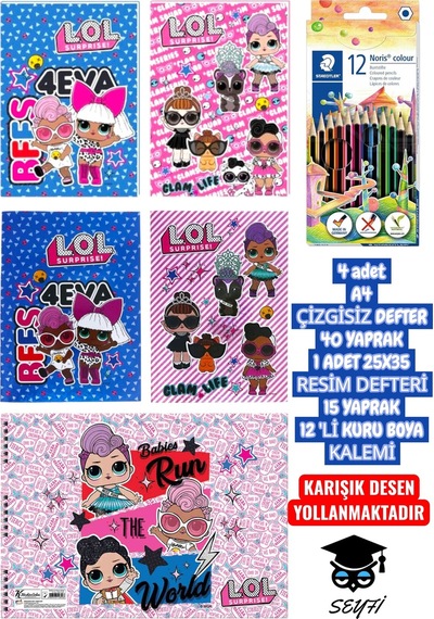 4 Adet A4 Çizgisiz Defter 40 Yaprak 1 Adet 25x35 Resim Defteri 15 Yaprak 12 'li Kuru Boya Kalemi Çok Renkli