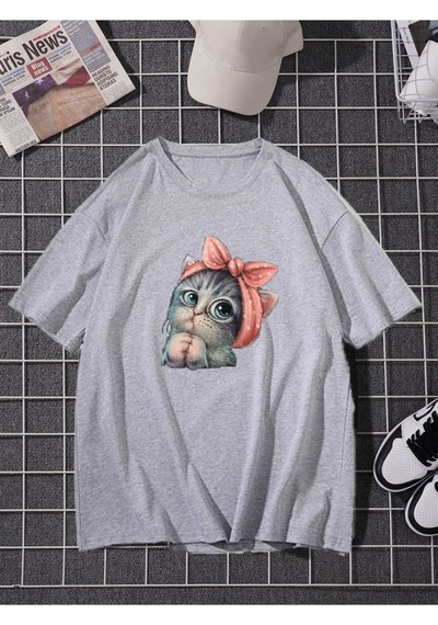 Startmore Oversize Unisex Gri Sevimli Minik Kedi Baskılı T-shirt