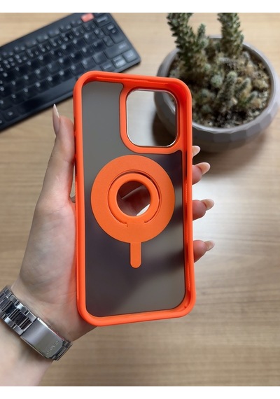 Apple Uyumlu iPhone 15 Pro Max Standlı Ve Yüzüklü Magsafe Kılıf Soocase721 Turuncu