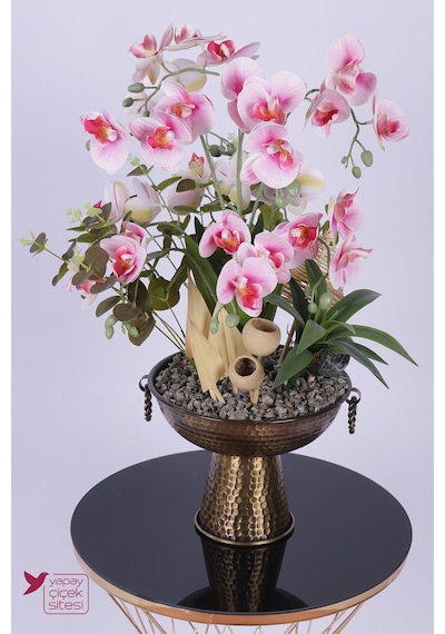Yapay Çiçek Sitesi Metal Bronz Küpeli Saksıda Yapay Tropikal Orkide Bahçesi Tanzimi 60 Cm Pembe Beyaz