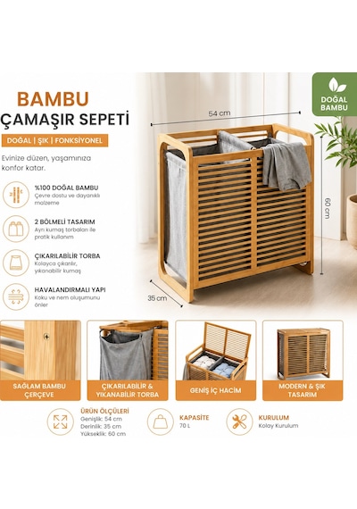 Doğal Bambu Çamaşır Sepeti 70 Litre 2 Gözlü Kirli Çamaşır Sepeti Modern Tasarım