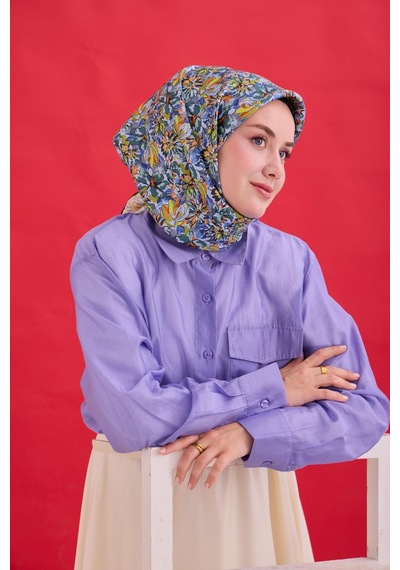 Silk Home Twill İpek Eşarp 11477-27 Mavi Gri, Fosfor Sarı, Soft Turuncu