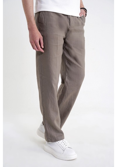 Oversize Kalıp Yan Cep Beli Lastikli Haki Keten Pantolon P 1216