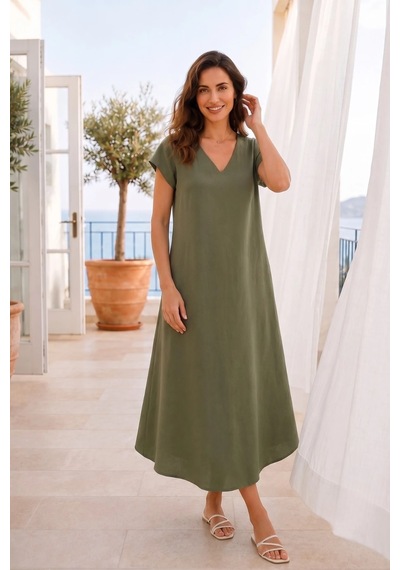 Rovebella Dolce Yeşil Keten A Kesim Çan Elbise