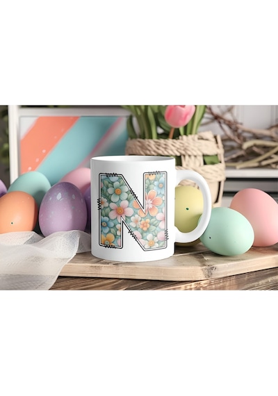 N Harfli Pastel Çiçek Desenli Kahve Kupası - Kişiye Özel Çiçekler Koleksiyonu Bardak - Hediye Beyaz