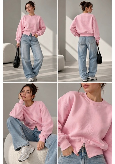 Bbbutikbasic Fermuar Detaylı Şardonlu 3 İplik Kadın Sweatshirt My3535 Pembe
