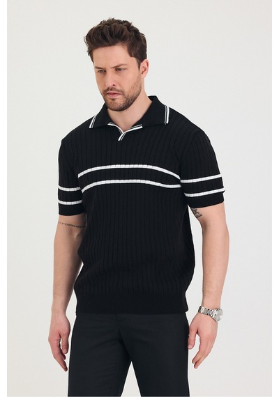 Cool Tarz Erkek Yaka Kol Göğüs Beyaz Çizgi Detaylı Siyah Triko T-shirt Siyah Siyah