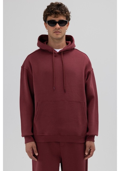 Vamos Basic Oversize Kapüşonlu Sweatshirt Bordo