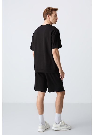 Siyah Pamuklu Kalın Yumuşak Dokulu Oversize Fit Basic Erkek Şort Takım - 85257
