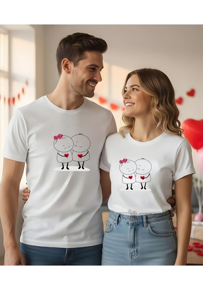 Aselinda Sevgililer Günü Hediye Şirin Baskılı T-shirt - Bisiklet Yaka Kısa Kol Tişört Beyaz