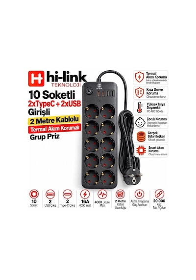 Hi-link 10 Soketli 2xtype-c +2xusb Girişli 2 Metre Kablolu Akım Korumalı Grup Priz 2 m