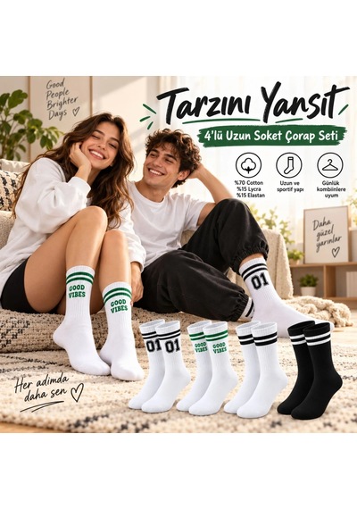 COJans Unisex Çorap Çizgili 8'li Set 07 Good Vibes Yazılı Siyah Beyaz Uzun Soket Spor Kolej Stil Çorap Çok Renkli
