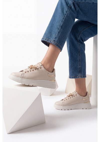 Luvi Shoes Jenny Bej Cilt Hakiki Deri Kelebek Tokalı Kadın Günlük Spor Ayakkabı