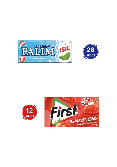 Falım Işıl Karbonatlı & Nane Aromalı Sakız 5'li X 20 Adet - First Sensations Çilek Aromalı Sakız 27gr X 12 Adet
