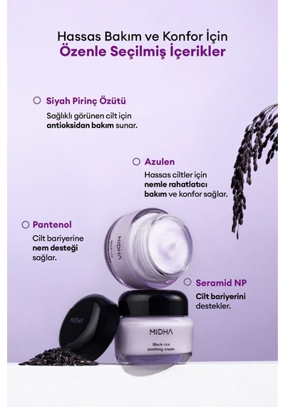 Midha Black Rice Soothing Hassas Ciltler için Nemlendirici Yüz Bakım Kremi 50 ML