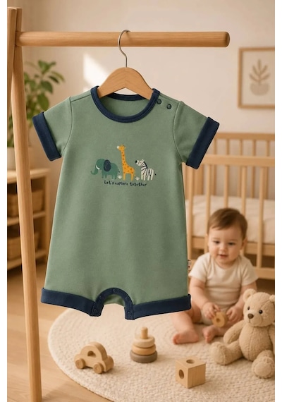 Ferasty İstanbul Unisex Bebek Tulum Hayvan Desenli Çıtçıtlı Yeşil