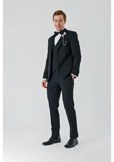 İmza Siyah Çıkarılabilir Mono Yaka Yelekli Likralı 6 Drop Slim Fit Smokin Damatlık 1001240201-Siyah İmza Siyah Çıkarılabilir Mono Yaka Yelekli Likralı 6 Drop Slim Fit Smokin Damatlık 1001240201-Siyah