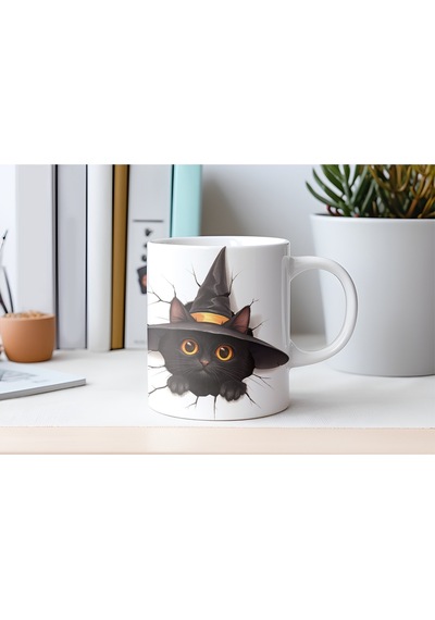 Halloween Kedi Figürlü Kupa Bardak 3 Boyutlu Tasarım Kabartmasız Beyaz