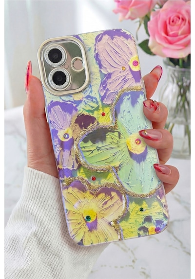 Fibaks iPhone 16 Uyumlu Kılıf Renk Değiştiren Taşlı Kamera Lens Korumalı Pembe Çiçek Desenli Darbe Emici Kapak
