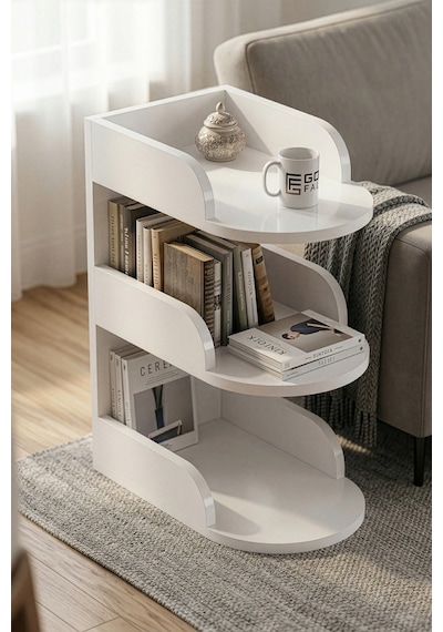 Yan Sehpa Modern 3 Katlı Kitaplıklı Çok Amaçlı Dekoratif Sehpa Minimal Tasarım 6103 Traverten Beyaz