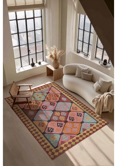 Mihrimah 503 Pembe Turuncu Etnik Halı Vintage Halı Yıkanabilir İnce Dokuma Salon Oturma Odası Halısı