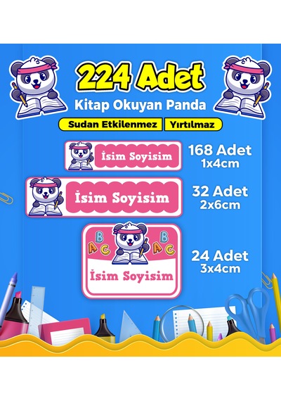 Sevimli Panda Temalı Okul Kreş Kişiye Özel İsim Etiket Seti - Model 169 Çok Renkli