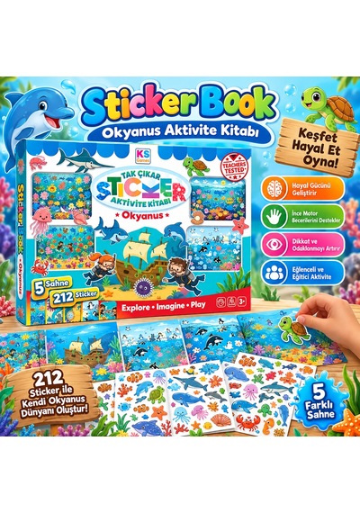 Sticker Book Okyanus Aktivite Kitabı 5 Sahne 212 Sticker Deniz Canlıları Çıkartma Kitabı