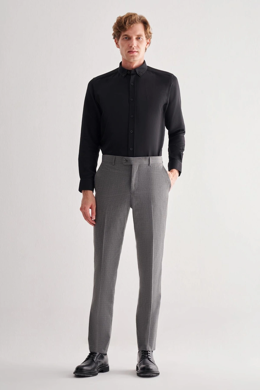 İmza Füme Yan Cep Açık Paça Kendinden Desenli Slim Fit Pantolon 1003255152 Füme