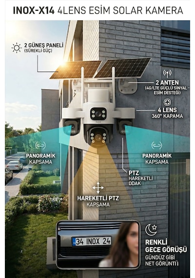 Inox-x14 4 Lensli Esım Destekli 4g Solar Güneş Enerjili Kablosuz Dış Mekan Ptz Güvenlik Kamerası