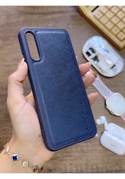 Samsung Galaxy A70 Uyumlu Premium Deri Dokulu Darbelere Karşı Dayanıklı Nazal Silikon Kılıf Lacivert