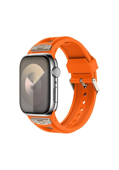 Apple Uyumlu  Watch 7 8 9 10 Serisi 45mm Kordon Delikli Metal Süslemeli Desenli Silikon Band 117