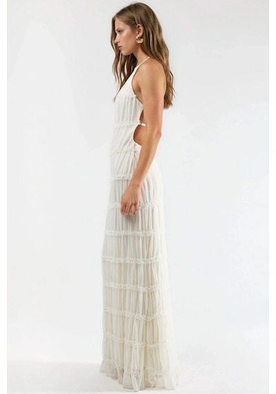 Hiccup Halter Yaka Dokulu Maxi Elbise Beyaz