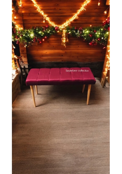 Ahşap Ayaklı Handmade Geniş Oturum Alanlı Düz Kumaş Pofidik Puf Bench, Ayak Ucu Uzatmalık Bordo