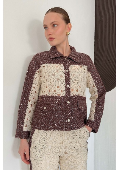 Verymoda Dantel Detatlı Kot Ceket F1758 Ham Kahve