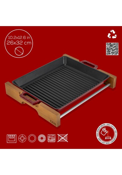 Lava Döküm Dikdörtgen Izgara Tavası Kayın Servis Ahşabı Döküm Demir Yekpare Çift Kulplu Ölçü 26x32cm. Bordo
