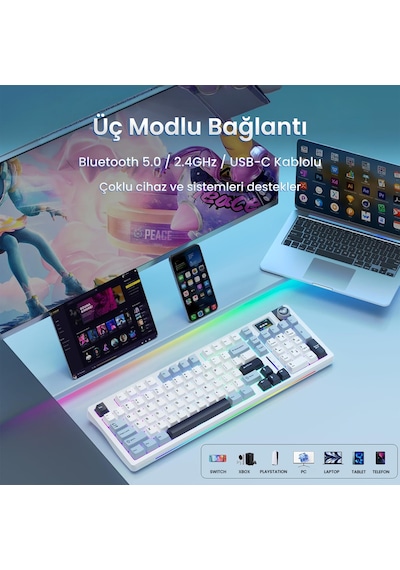 Aula S98 Pro 3 Modlu Rgb Hot Swap Mekanik Star Vector Switch Kablosuz Makrolu Klavye Lacivert